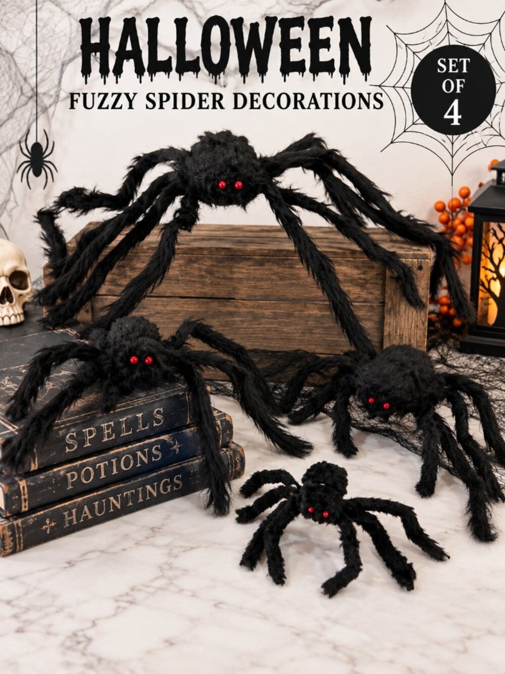 Fuzzy Black Spider Halloween Decorations Red Eyes Bendable Legs